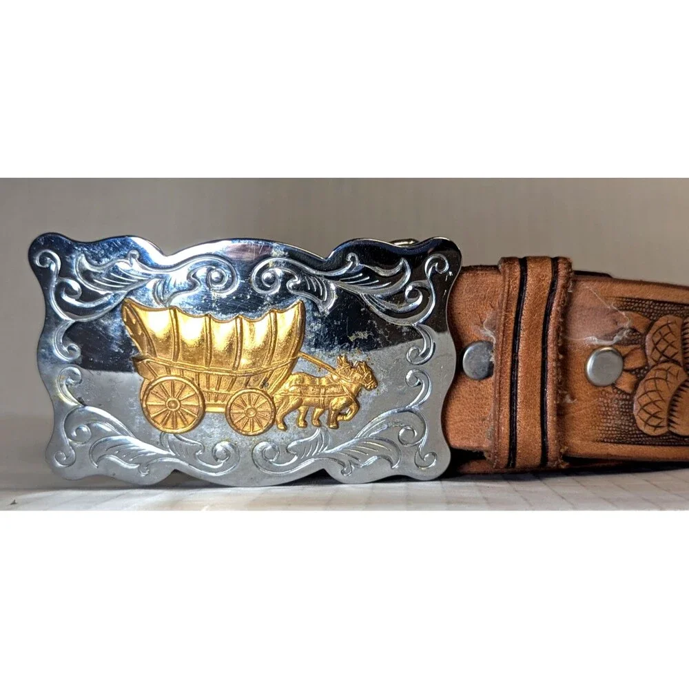 Chambers Leather Belt Co. USA Belt Buckle Covered Wagon Oak Leaves Acorn Belt